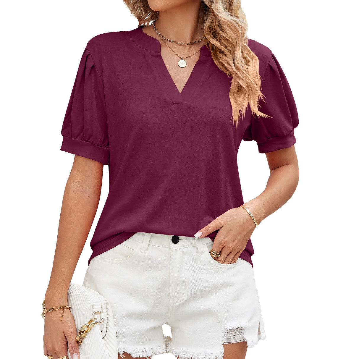 Women's V-neck Puff Sleeve Short Sleeve T-shirt Top Shirt