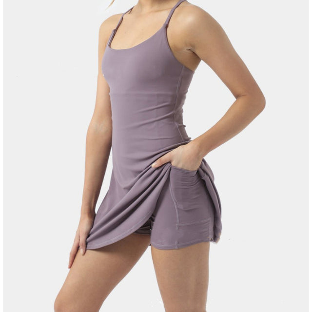 Vestido de tênis feminino sem mangas esporte shorts saia frente única