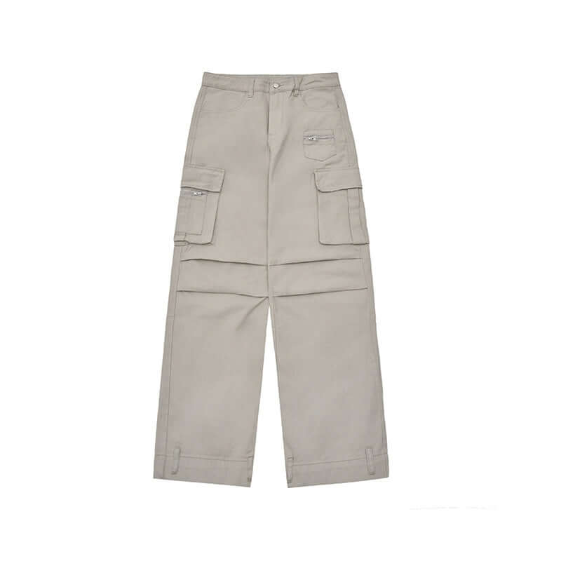 Retro Overalls Solid Color Straight Pleated Paratrooper Pants