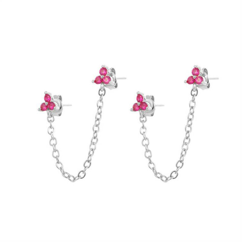 Zircon Flower One-piece Double Stud Earrings Chain Tassel