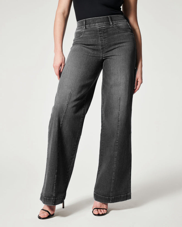 Women's Straight Mid Waist Wide Leg High Elastic Waist Jeans