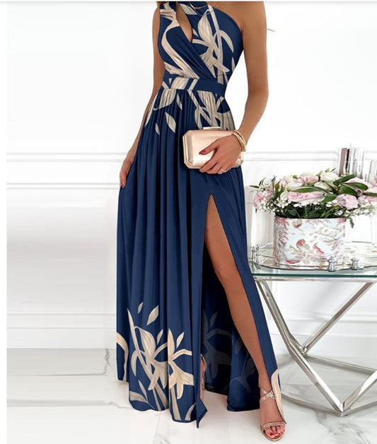 Solid Color One Shoulder Halter High Waist Dress