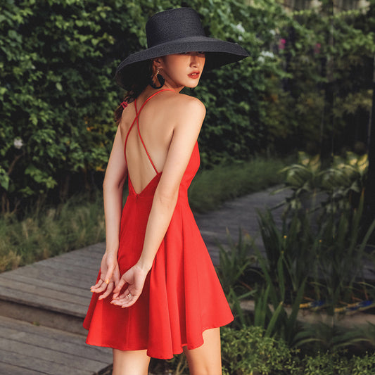 Red Backless Photo Beach Dress
