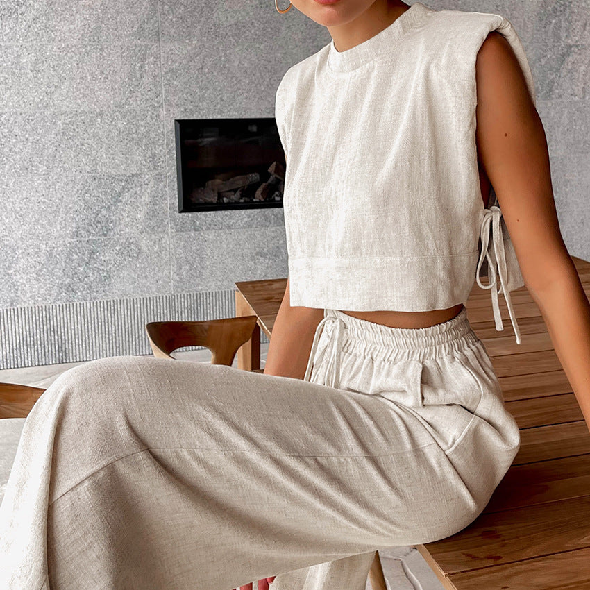 Sleeveless Blouse And Trousers Two-piece Casual Fashion Cotton Hemp Suit Women's Wear