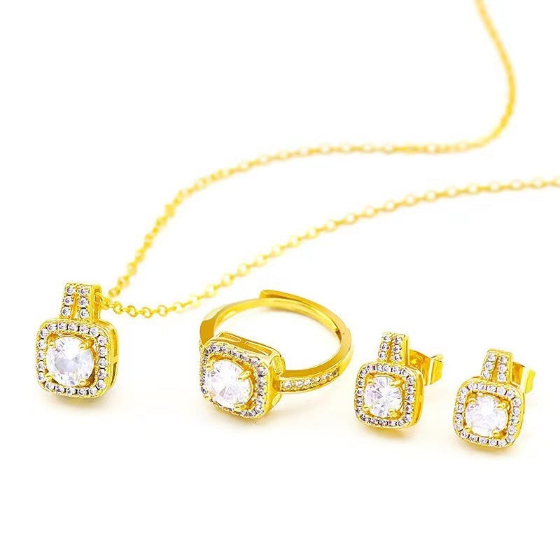 Fashion Zircon Gem Jewelry set. Pendant Chain Choker, Necklace, and Gold Color Stud Earrings.