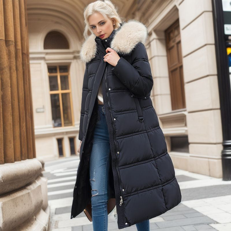 Winter Slim Long Jacket with Fur Hood and Belt