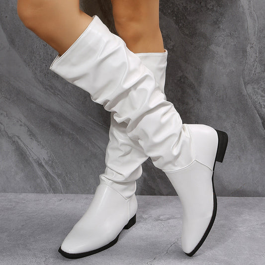 Botas compridas botas de caubói brancas femininas sapatos bico fino