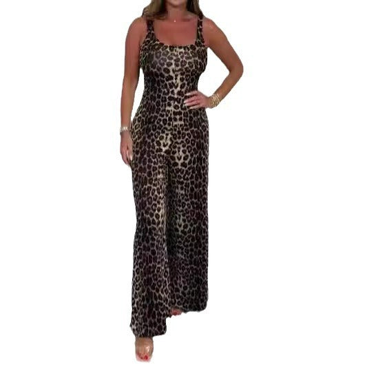 Women's U-neck Backless Leopard Print Jumpsuit