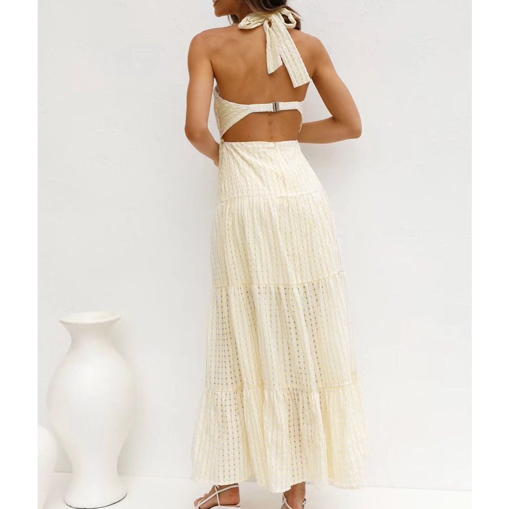 Holiday Organza Halter Open-Back Long Dress