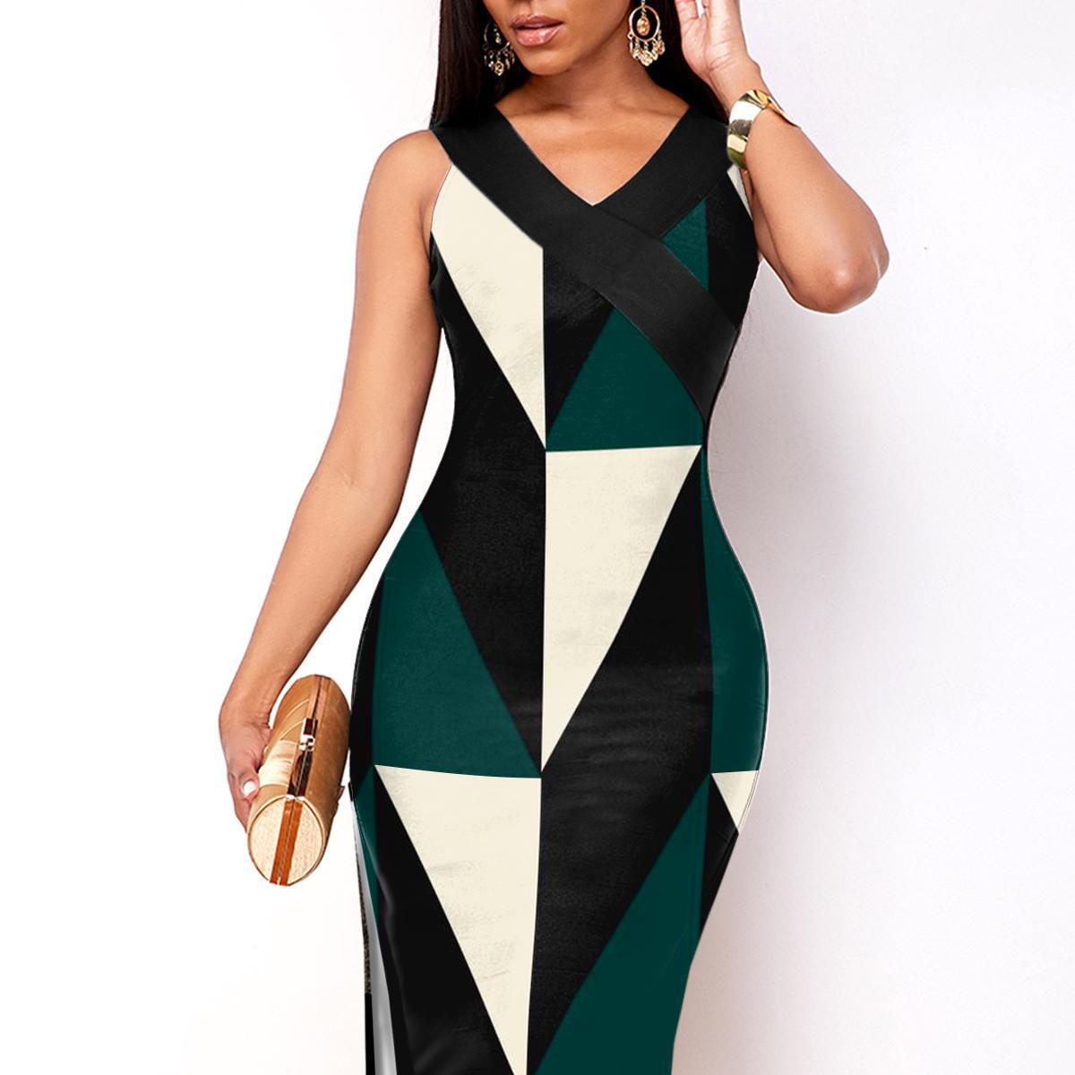 Women's Mid Waist Side Slit Geometric Print Contrast Dress