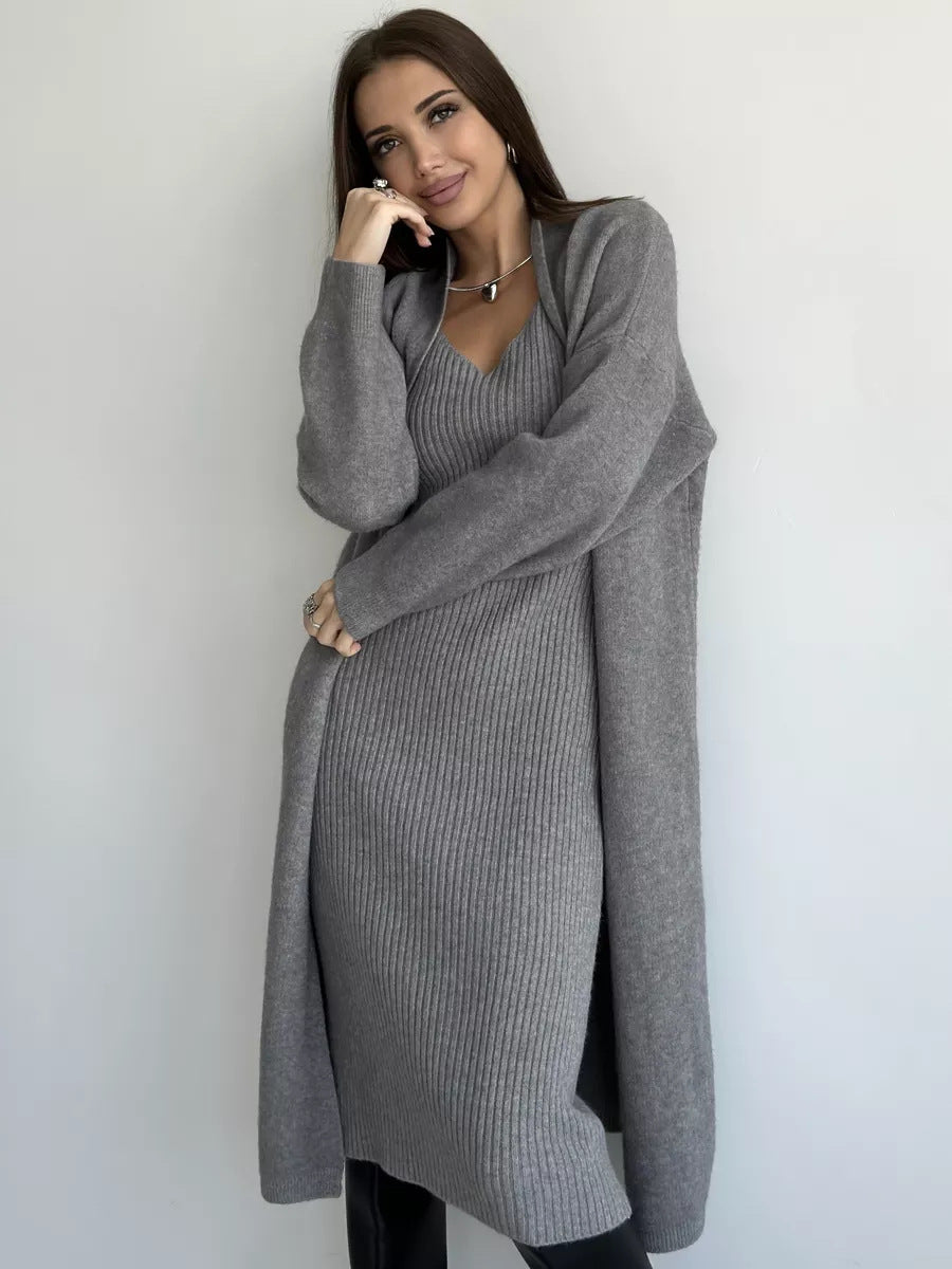 2pcs Knitted Suit Fashion Slim Sleeveless Long Cardigan Dress