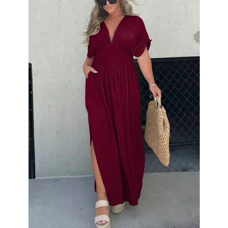 Fashion Bat-sleeved V-neck Slit Dress with Waist