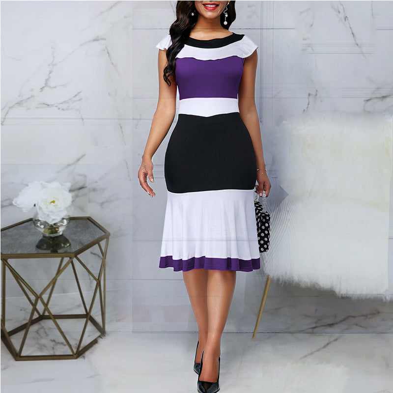 Sleeveless Ruffled Contrast Color Slim Commuter Dress