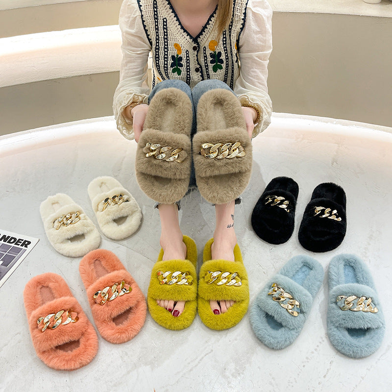 Chain Fuzzy Slippers Fluffy House Shoes For Women Winter