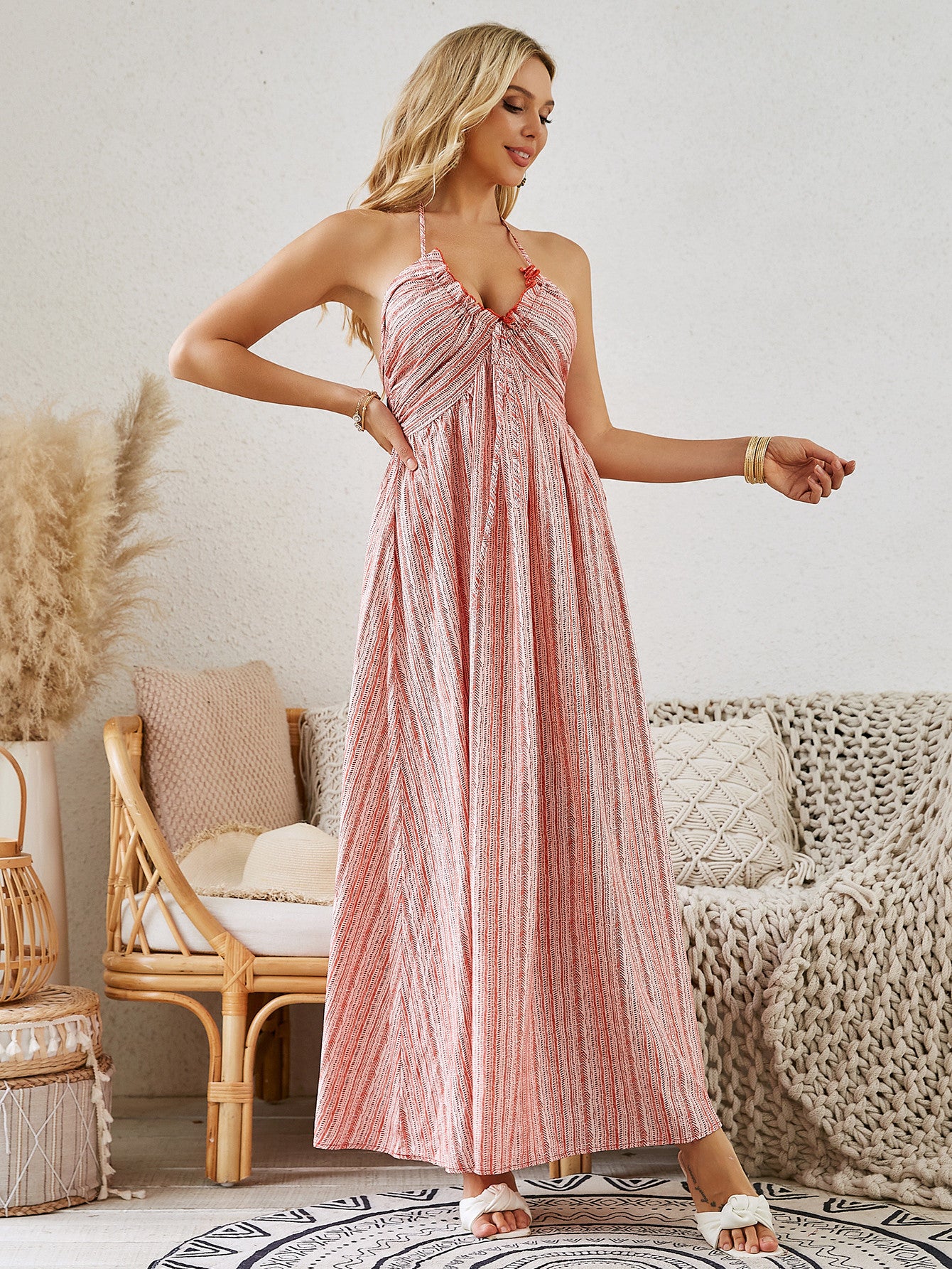 Bohemian Halter Maxi Dress - Women's Summer Sleeveless Flowy Beach Dress