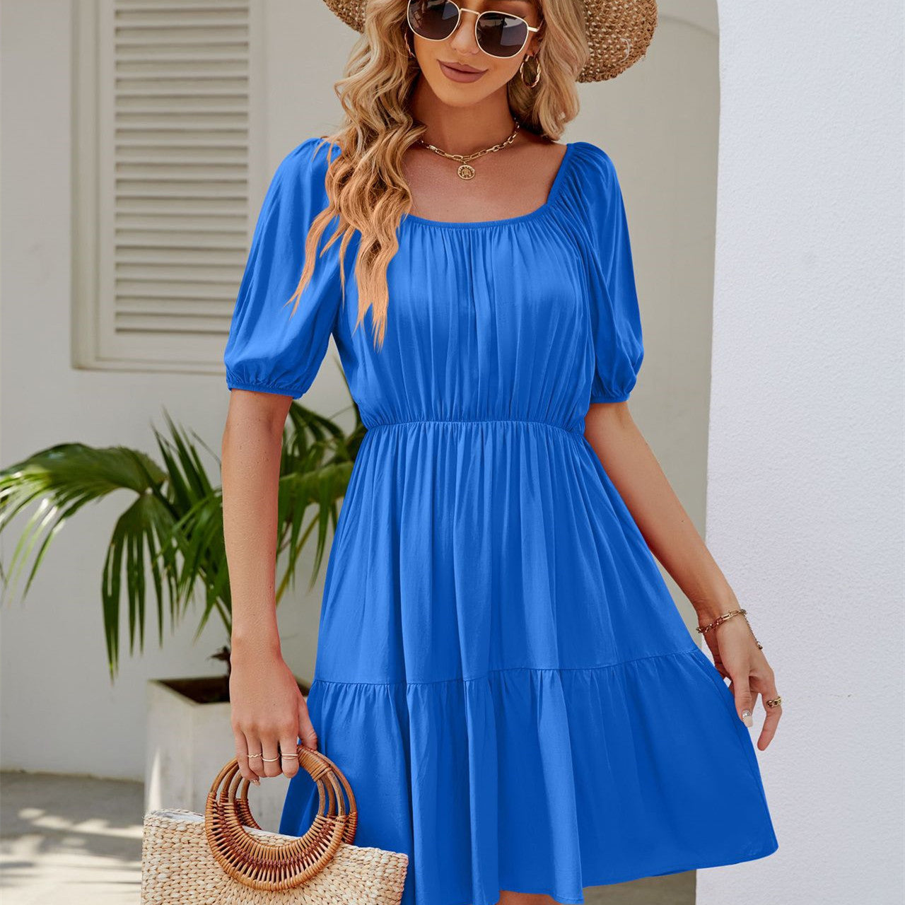 Women's Square Collar Puff Sleeve Casual Loose Dress