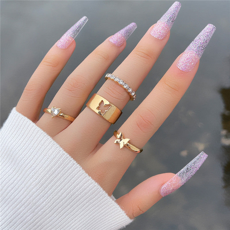 Hollow Butterfly Rhinestone Love Joint Ring Female Ring Four-piece Set
