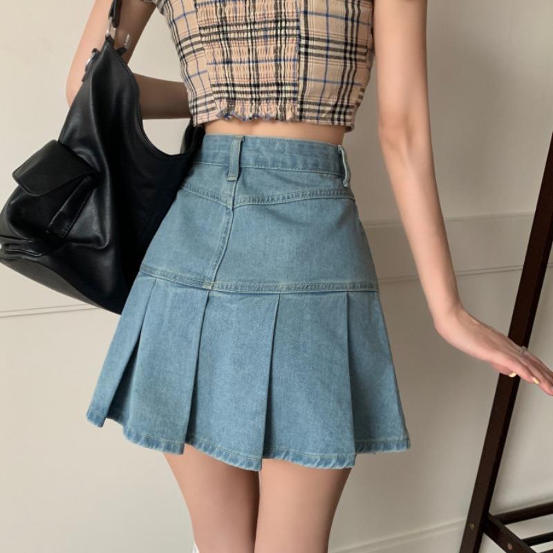 High Waist Hip-wrapped Skirt Pleated Denim Skirt