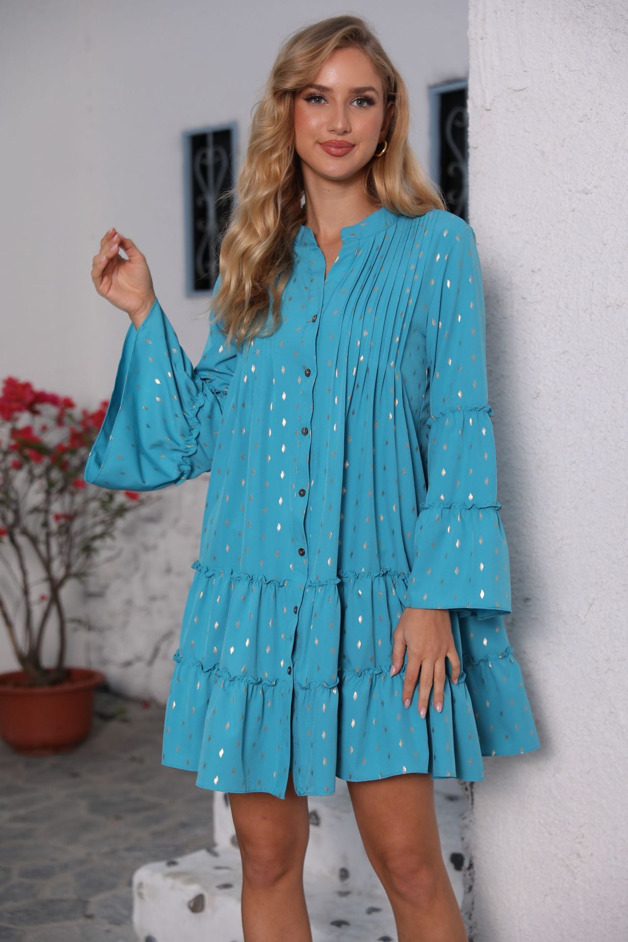 New Pleated Flared Long Sleeve Button Design Loose Fashion Womens Dress