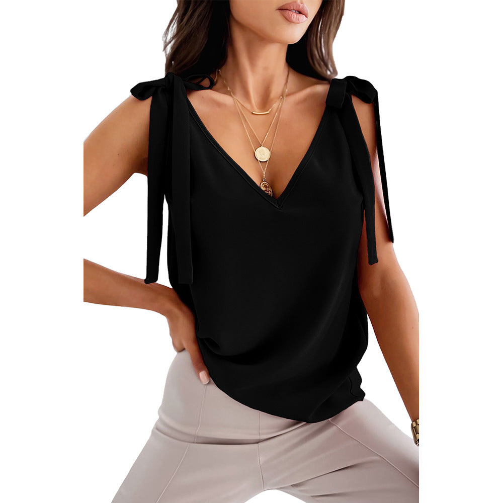 Bowknot Tie Up Camisole V-neck Shirts for Women