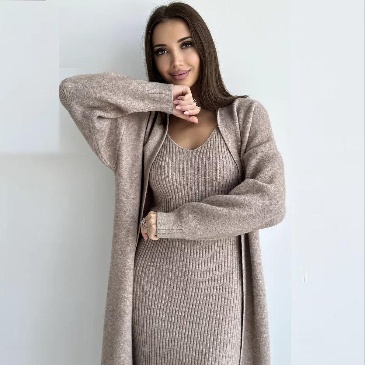 2pcs Knitted Suit Fashion Slim Sleeveless Long Cardigan Dress