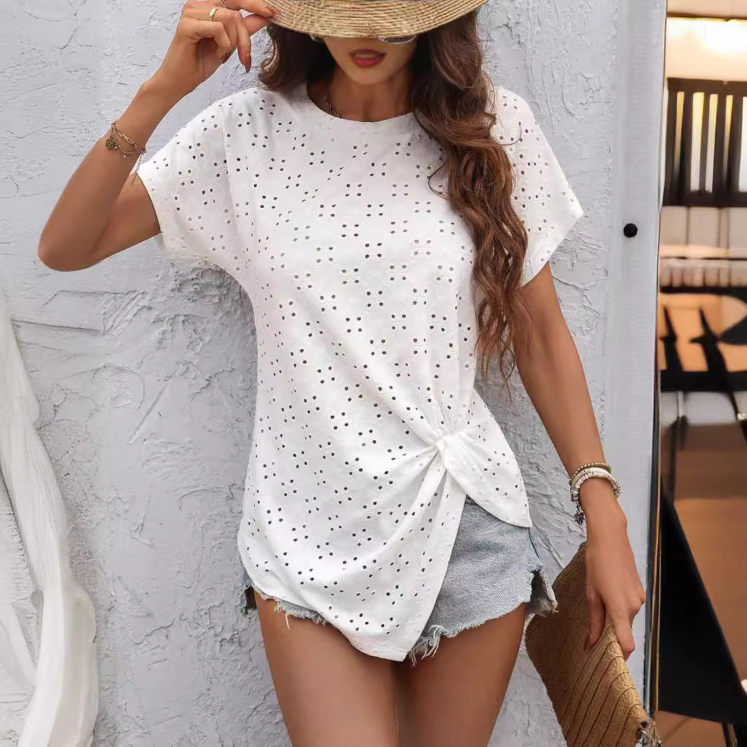 Fashion Casual Women's Solid Color Fresh Jacquard Pleated Round Neck T-shirt