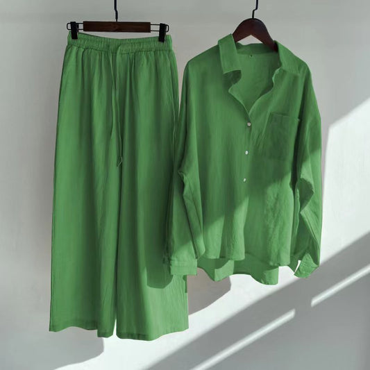 Women's 2-piece Retro Plus Size Shirt Outfit High Waist Loose Trousers