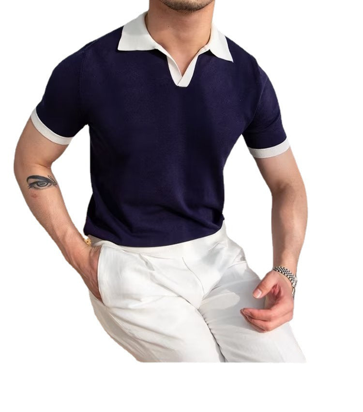 Men's Lazy Printed Japanese Solid Color Short-sleeved Polo Shirt