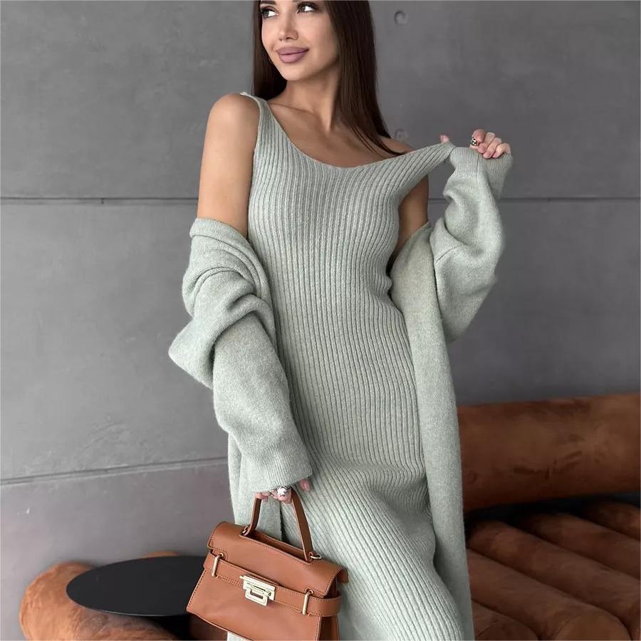 2pcs Knitted Suit Fashion Slim Sleeveless Long Cardigan Dress