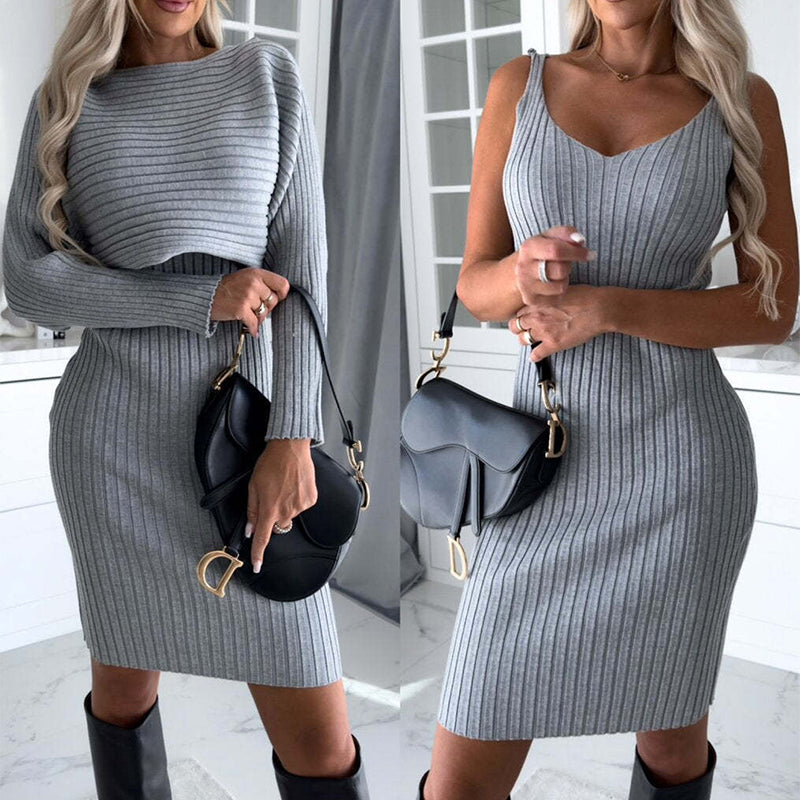 Women's Autumn Sunken Stripe Long-sleeved Top Suspender Skirt