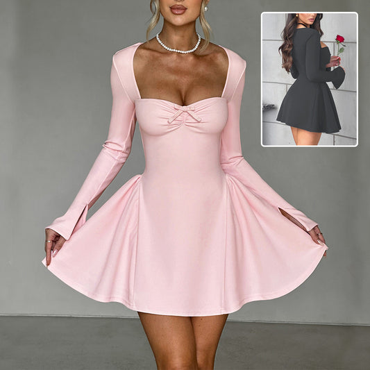 Women's Low-neck Long-sleeved Slim A-line Short Dress