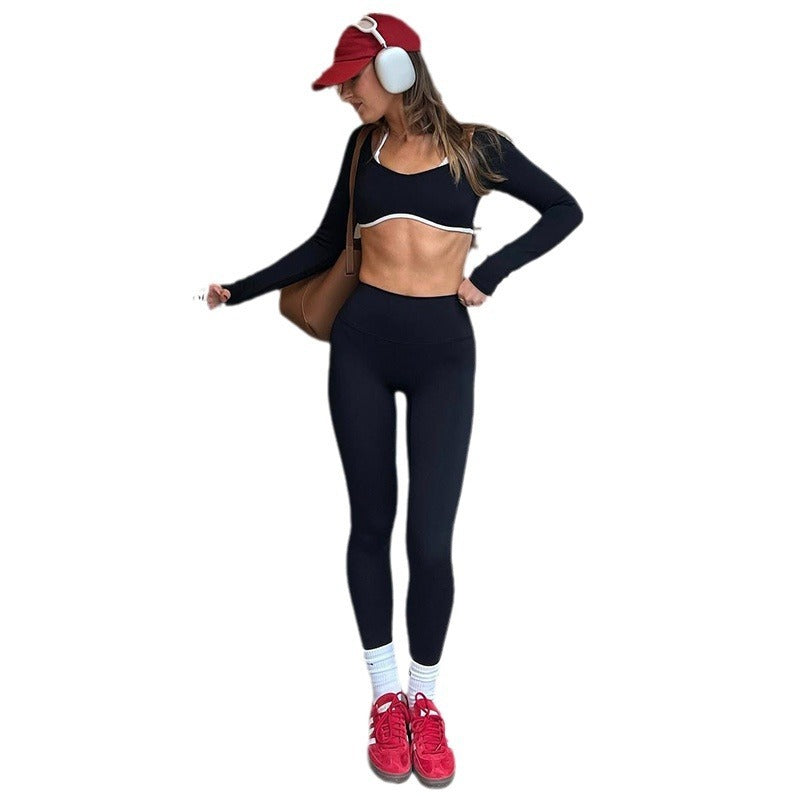 Solid Color Knitted Letter Body-hugging Suit Round Neck Long Sleeve Short Top High Waist Skinny Leggings Two-piece Set
