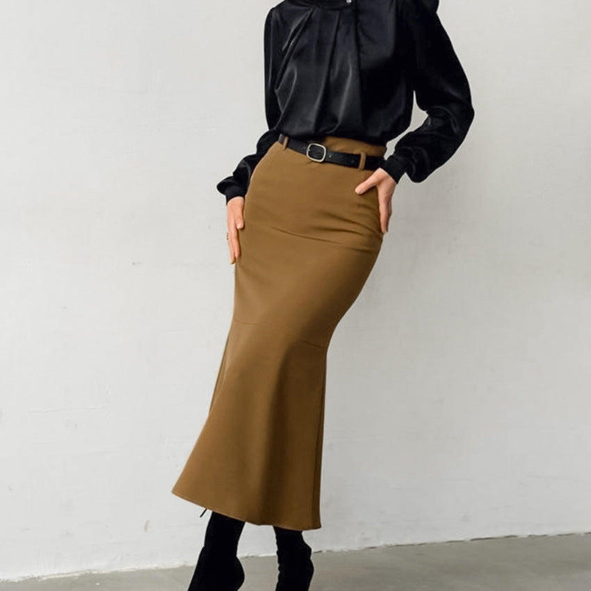 Retro Brown French Fishtail Skirt Autumn And Winter Temperament Drape