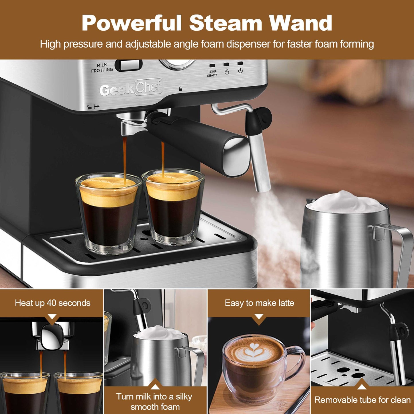 Máquina de café expresso 20 bar pressão da bomba cappuccino máquina de café com leite com filtro ese pod e bocal de leite varinha de vapor e termômetro, tanque de água de 1,5 l, proibição de café expresso em aço inoxidável na amazon