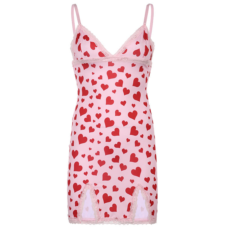 Age Reducing Cute Peach Heart Print Suspender Dress