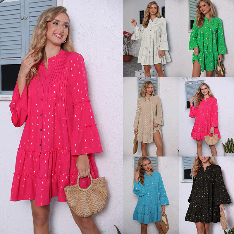 New Pleated Flared Long Sleeve Button Design Loose Fashion Womens Dress