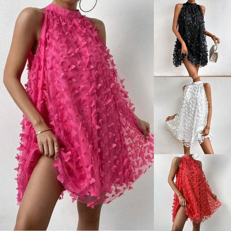 Women's Loose Fashion Applique Mesh Sleeveless Halter Dress