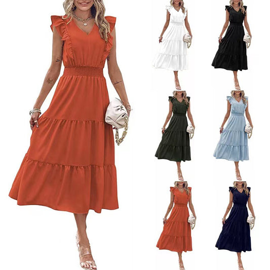 New Ruffled Sleeveless V-Neck Dress Fashion Elastic Waist A-Line Dresses for Womens