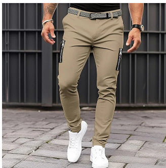 Men's Pure Color Tight Pocket Zipper Business Casual Slim-fitting Trousers