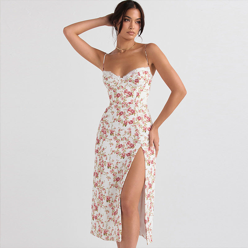 Lace Flowers Print Long Dress Fashion with Thigh Slit
