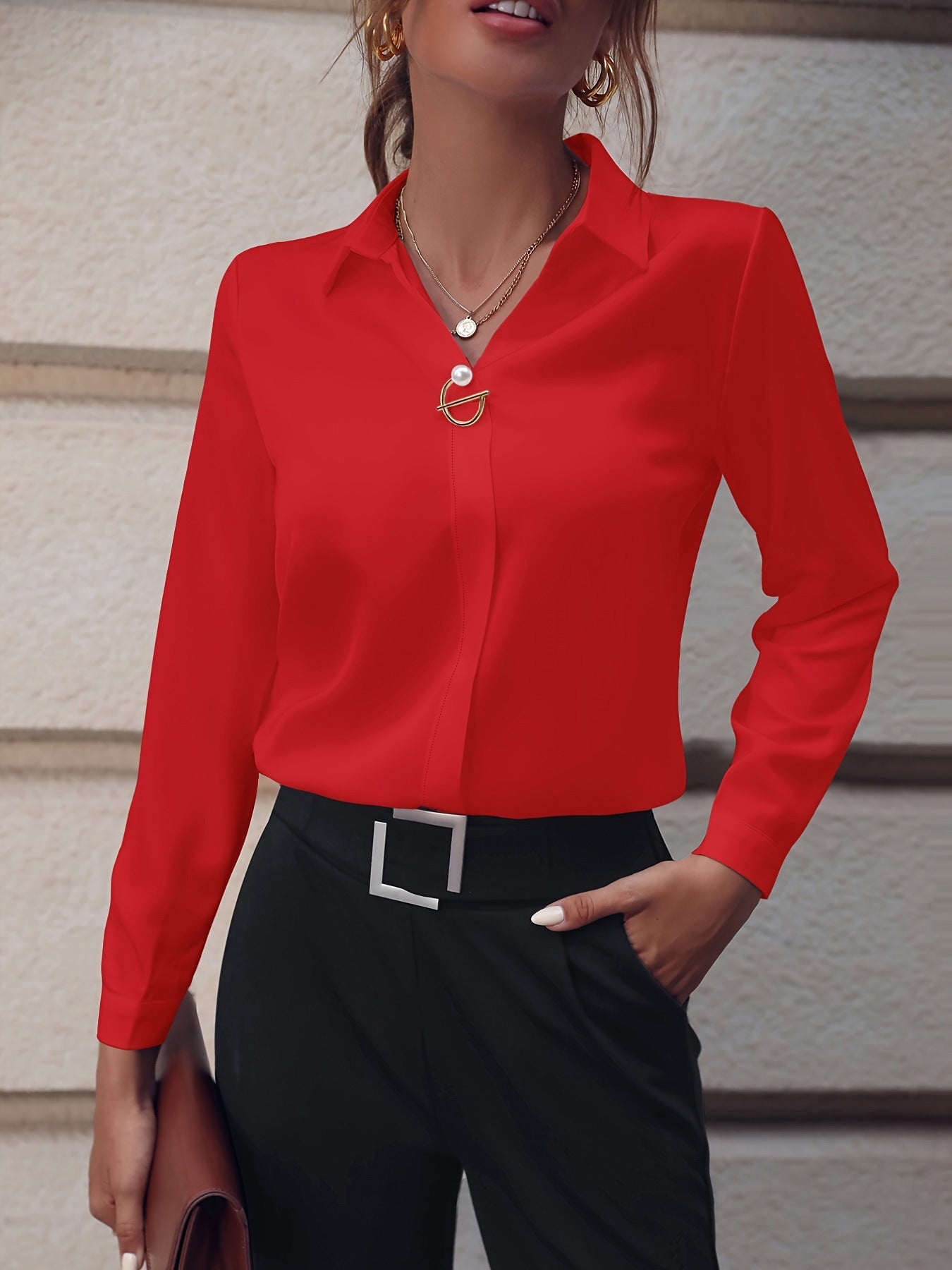 Commuter Women's Shirt Versatile Simple Solid Color Long Sleeve Mid-length Plus Size