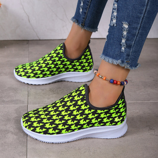 Houndstooth Print Sneakers Round Toe Mesh Flats Shoes