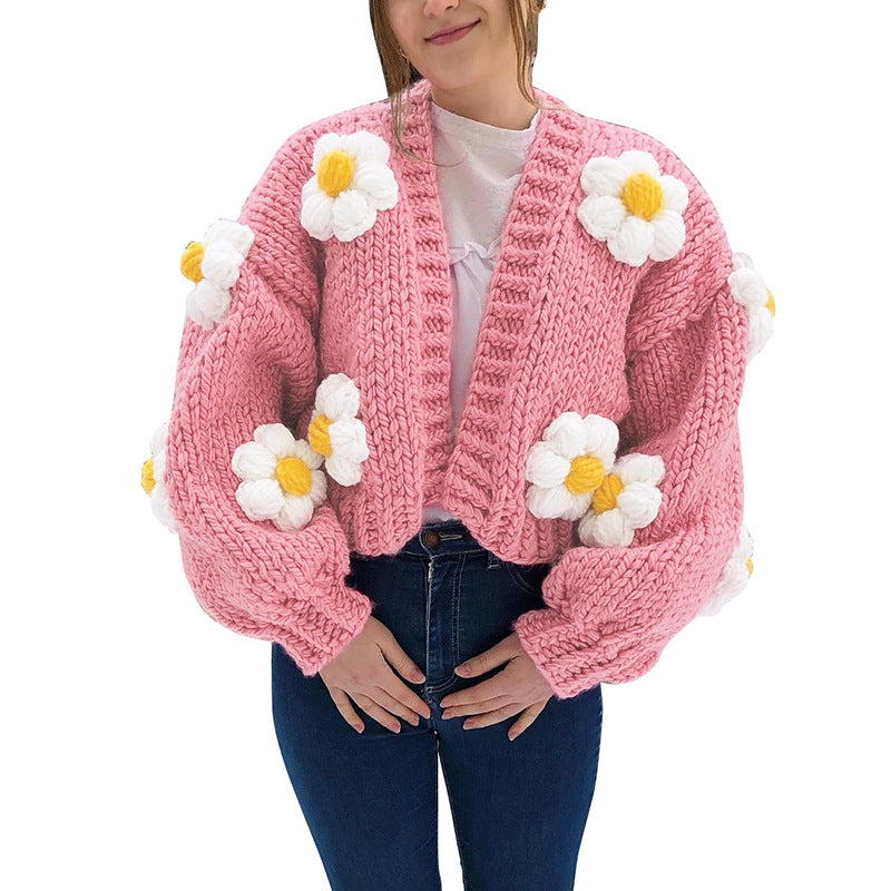 Round Neck Lantern Sleeve Knitted Cardigan Sweater